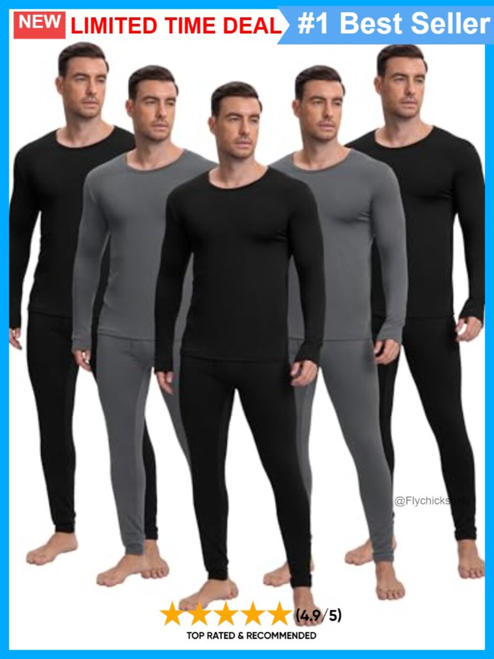 Men's Fleece Lined Thermal Underwear Sets Long Sleeve Base Layer 5 Pack